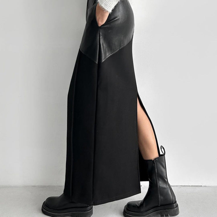 Women Clothing Retro Faux Leather Stitching Design Half Length Skirt Women Wild High Waist Slit Hip Skirt