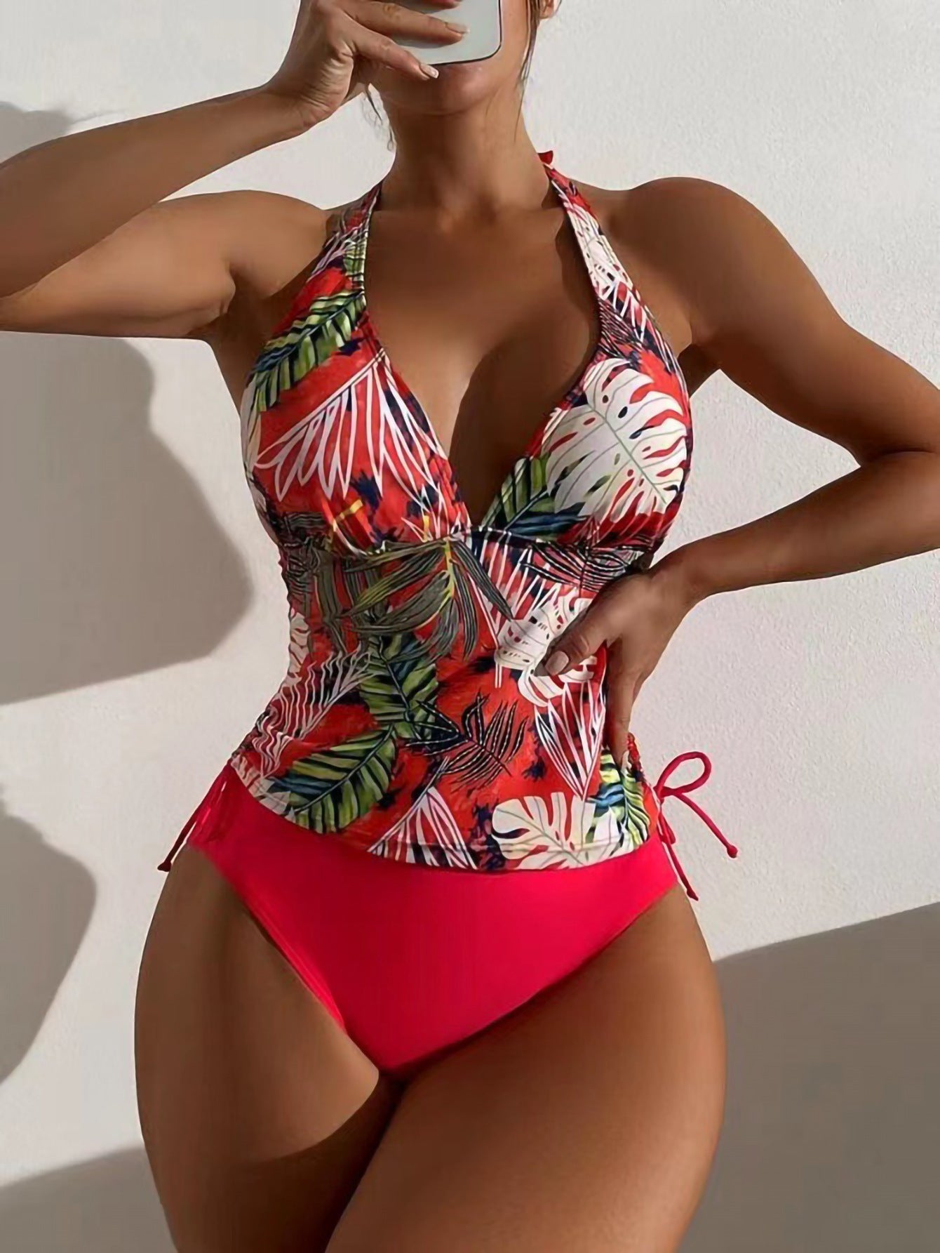 Swimsuit Women Split Triangle Lace up Solid Color Leaves Printed Bikini Swimsuit