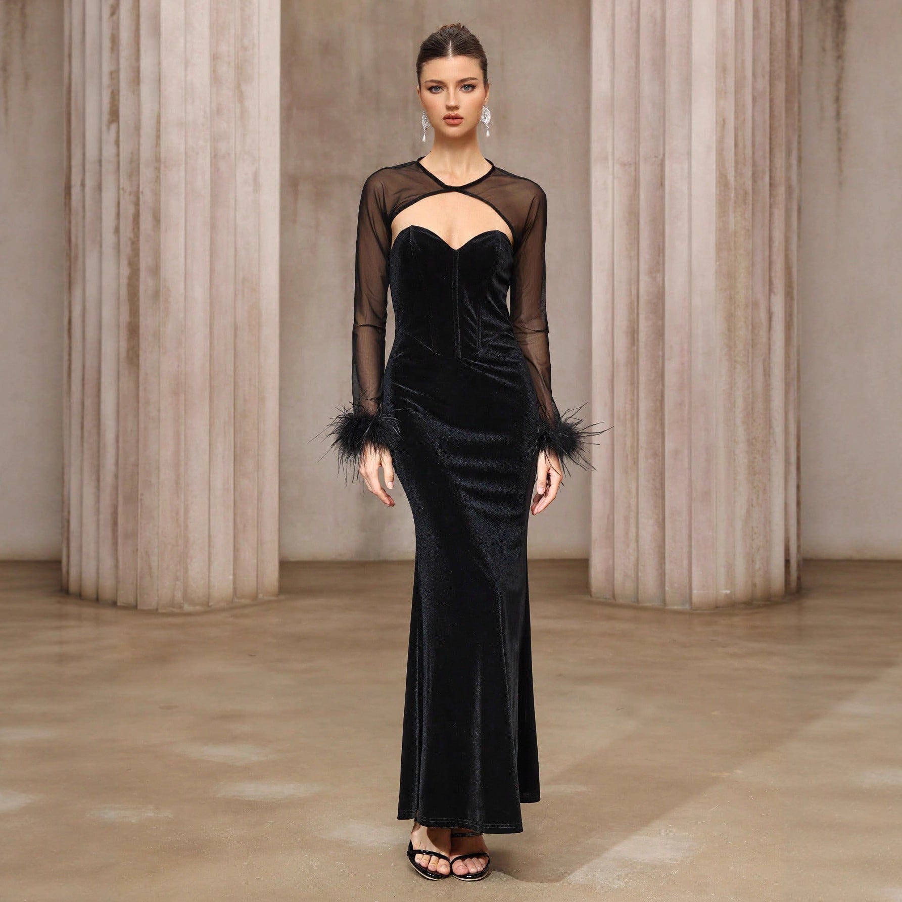 Dress Two Piece Semi Transparent Mesh Top Velvet Tube Top Dress Dinner Light Luxury Cheongsam