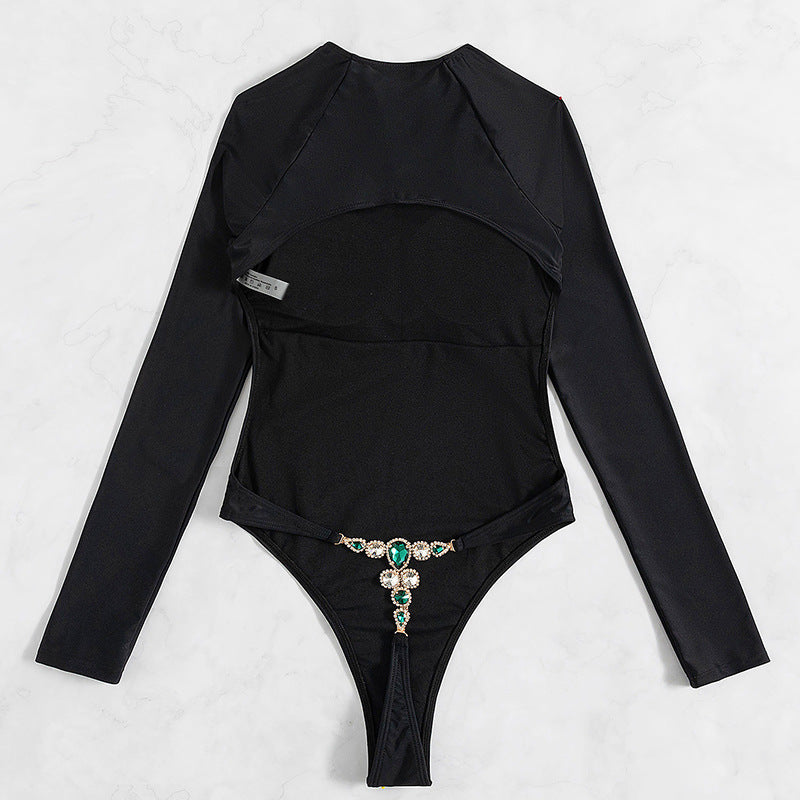 Long Sleeve One Piece Swimsuit Long Sleeve Backless Sexy Swimsuit T-Back Light Diamond One Piece Swimsuit
