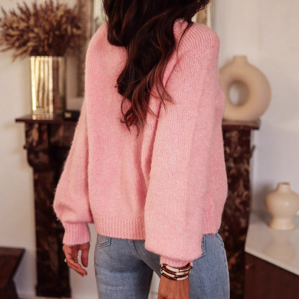 Autumn Winter Solid Color Raglan Sleeve Sweater Women Elegant round Neck Button Women Knitwear