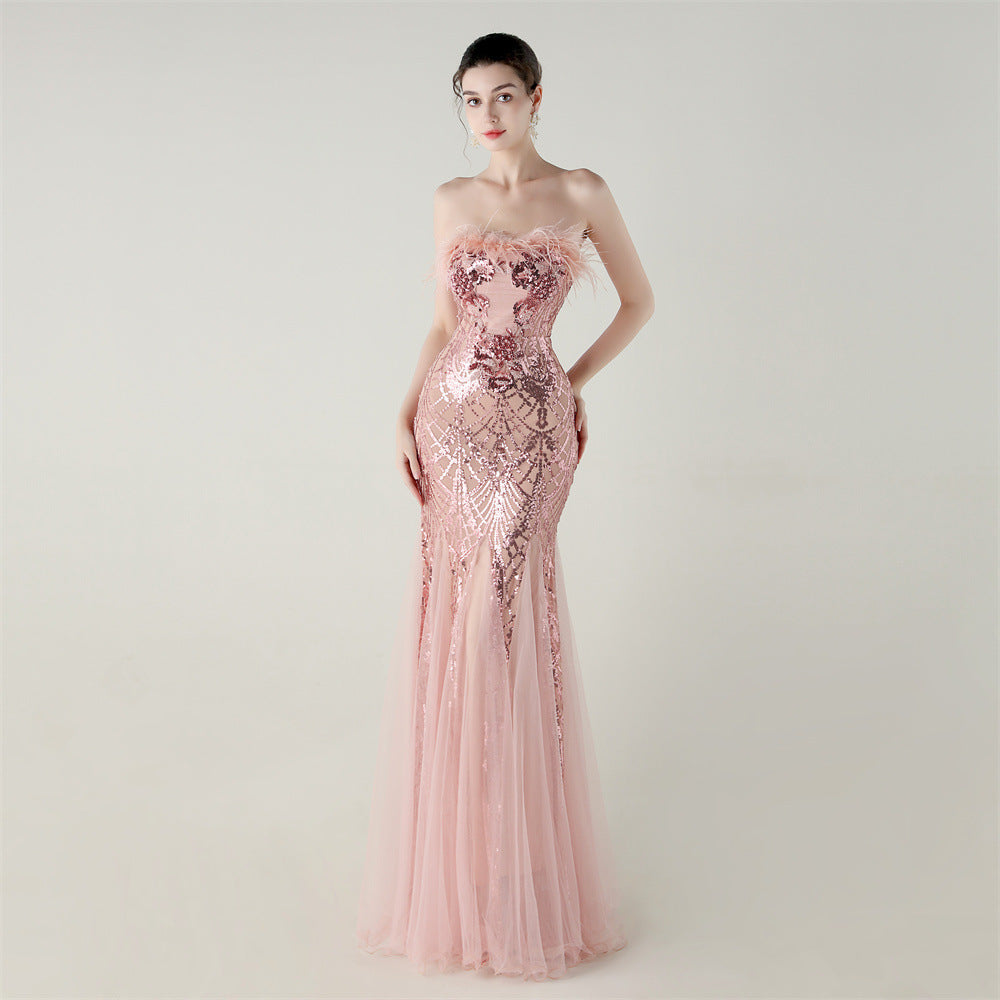 Sequin Beaded Tube Floral Ostrich Feather Tube Top Cross Strap Mesh Fishtail Evening Dress Cocktail Wedding