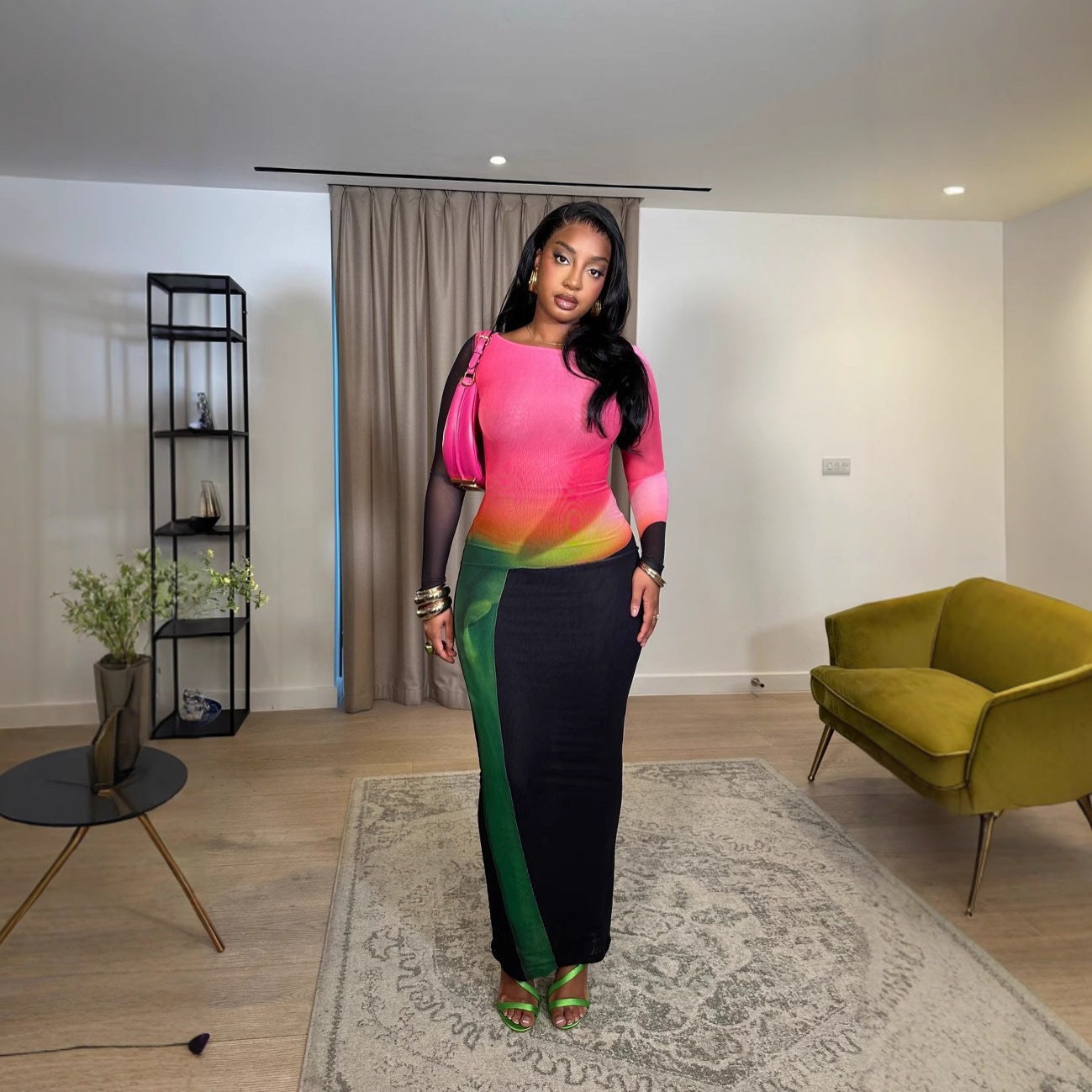 Women Clothing Double Layer Mesh Spring Autumn Elegant Long Sleeve Dress