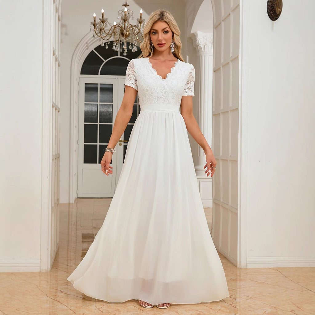 Women Clothing Short Sleeve V neck Slim Fit Dress Dinner Formal Dress