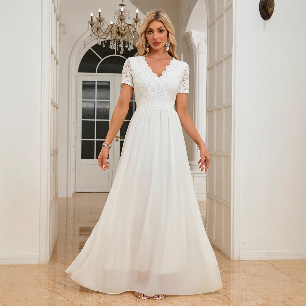 Women Clothing Short Sleeve V neck Slim Fit Dress Dinner Formal Dress