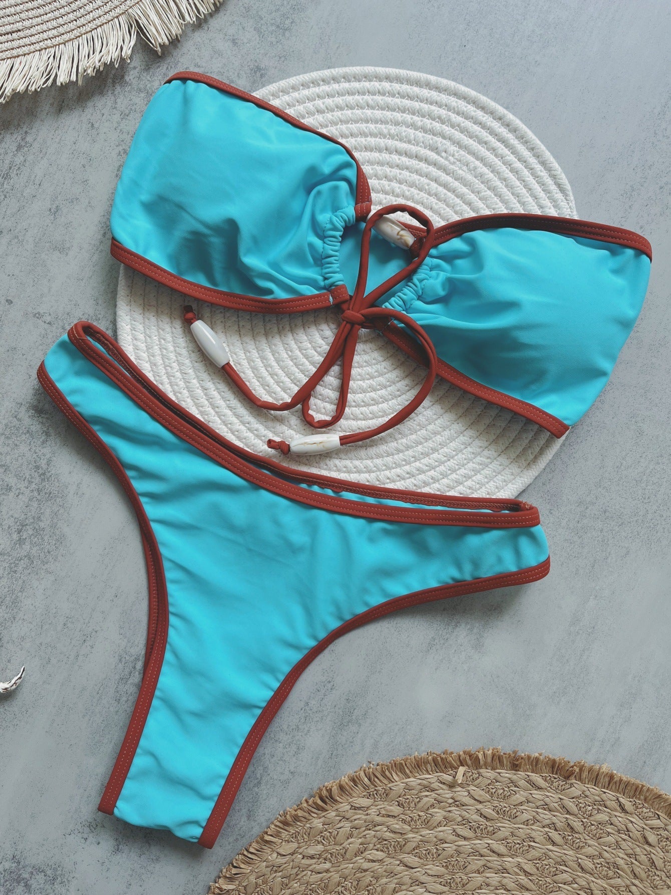 Blue Beads Accessories Solid Color Bikini Sexy Backless Split Swimsuit Nylon Bikini