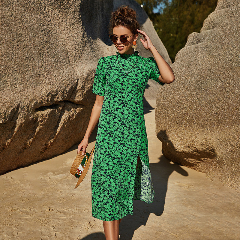 Summer Women Clothing Slimming Sheath Slit Slim-Fitting Floral Short Sleeve Vacation Large Swing Dress