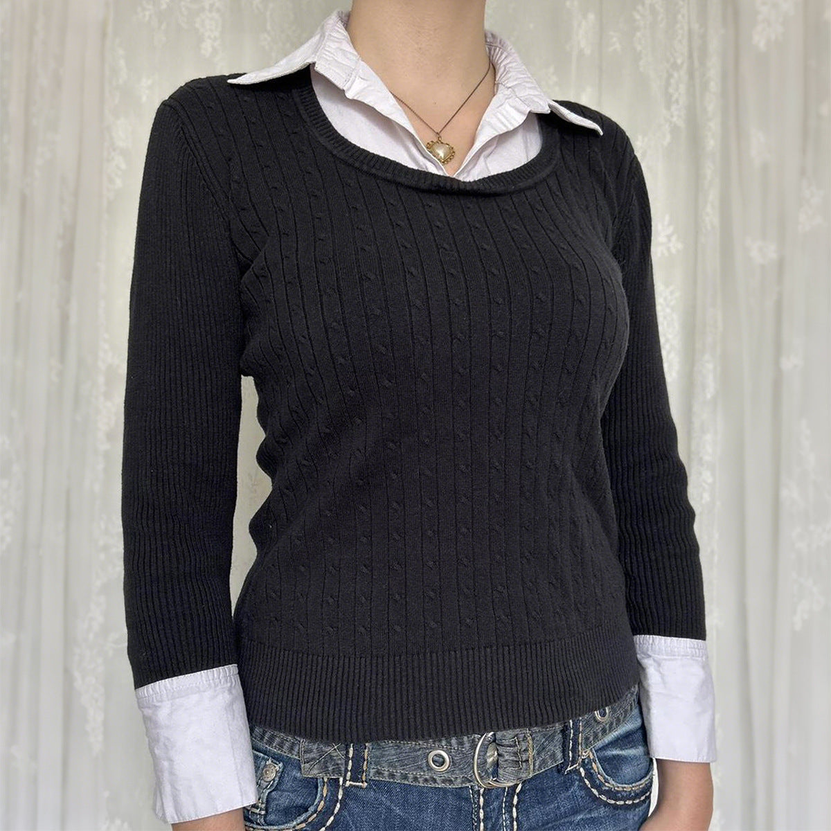 Sexy Faux Two Piece Long Sleeved Sweater Woolen Women Clothing Autumn