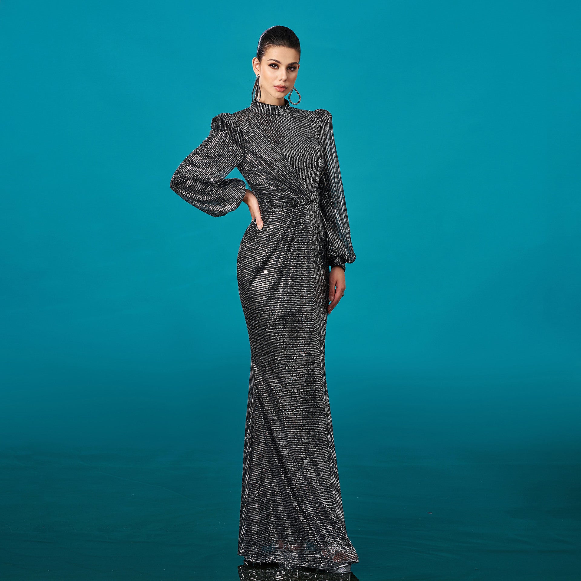 Advanced Long Sleeved round Neck Cocktail Fishtail Sequ Evening Dress