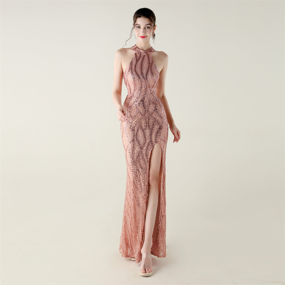Sequin Mesh Heavy Industry Beaded Tube Floral Evening Dress Sexy Backless Fishtail Party Dinner Party Red Carpet