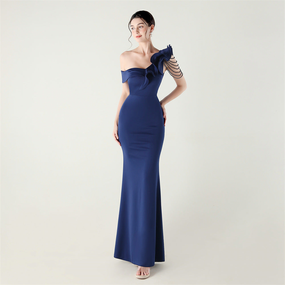 Ruffled One Shoulder Heavy Industry Beads String Slim Fit Satin Fishtail Evening Dress Wedding Red Carpet Cocktail Dress