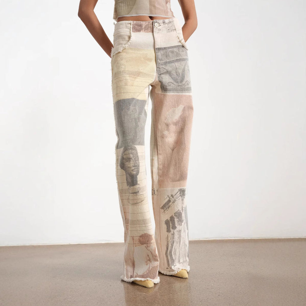 Retro Loose Print Wide Leg Straight Mop Denim Trousers