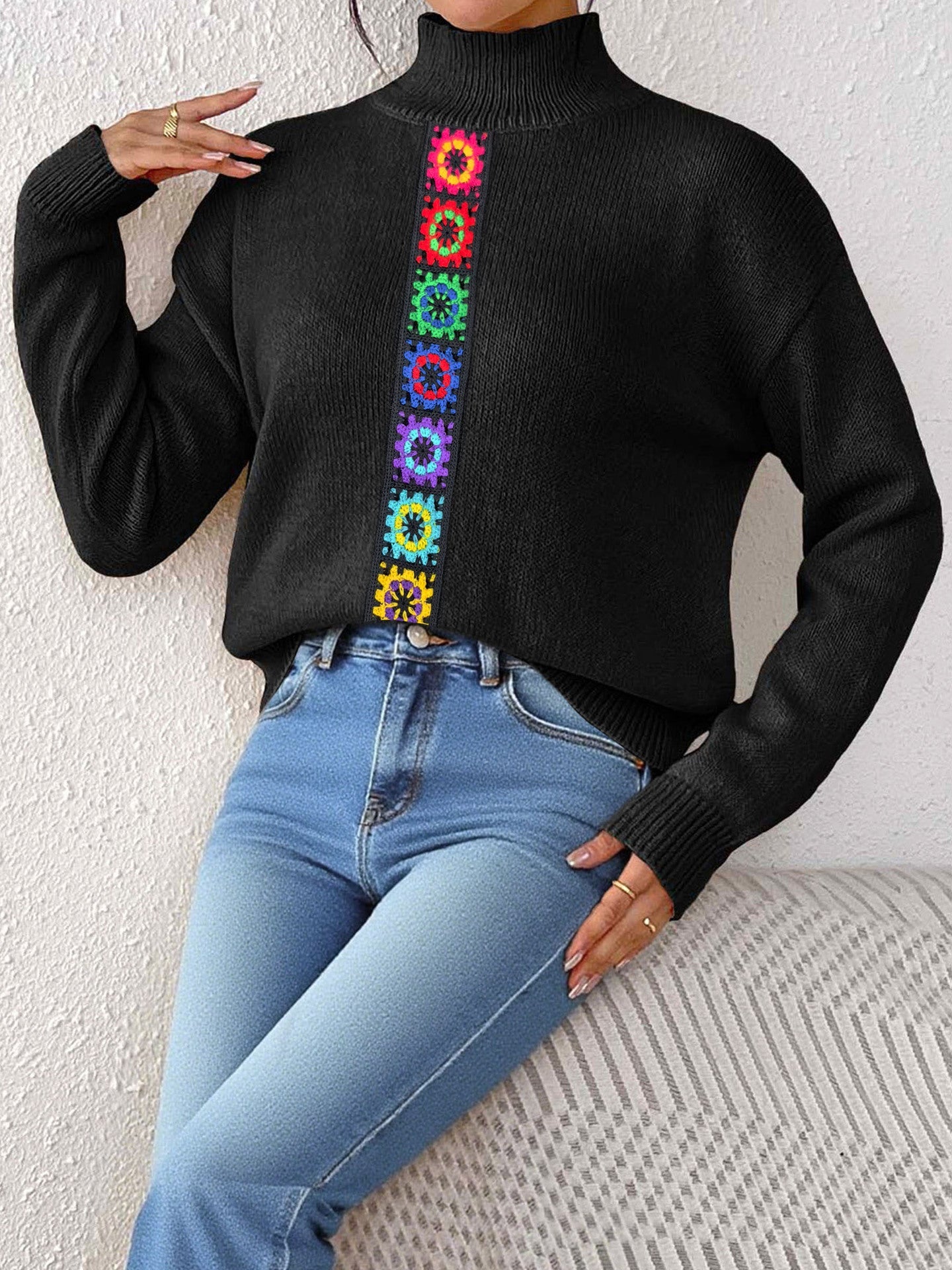 Women Clothing Personality Color Random Imitation Hand Crocheted Stitching Woven Top Pullover Sweater