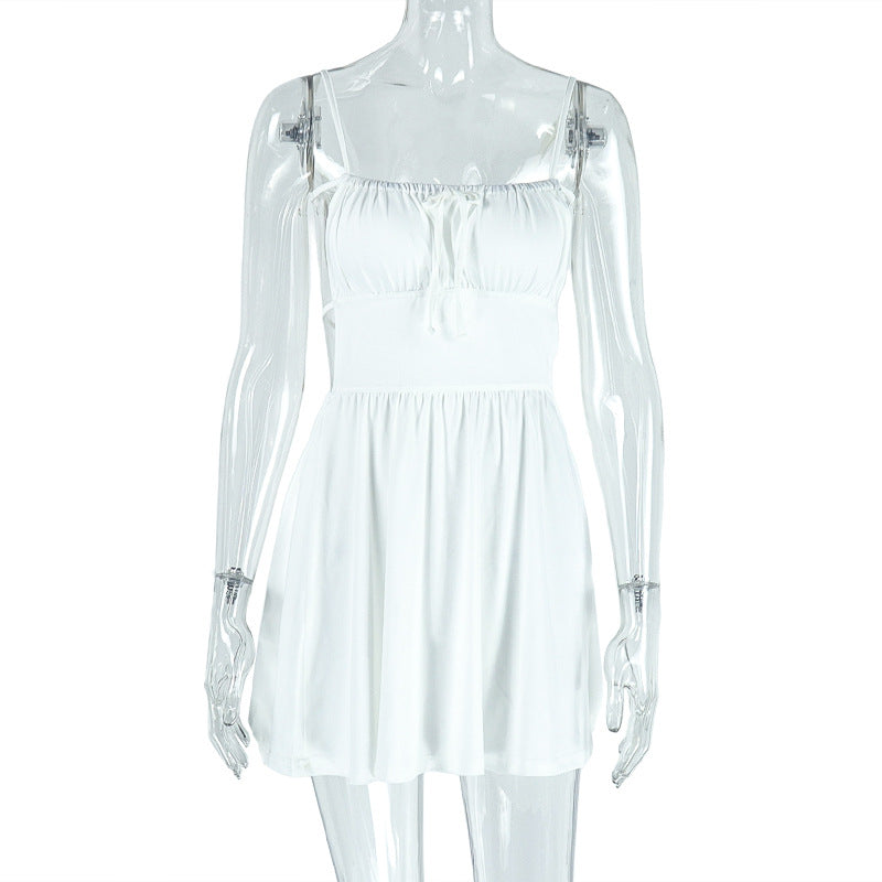 Simple Women Pleated Solid Color A line Dress Backless Lace up Boat Neck Short Dress