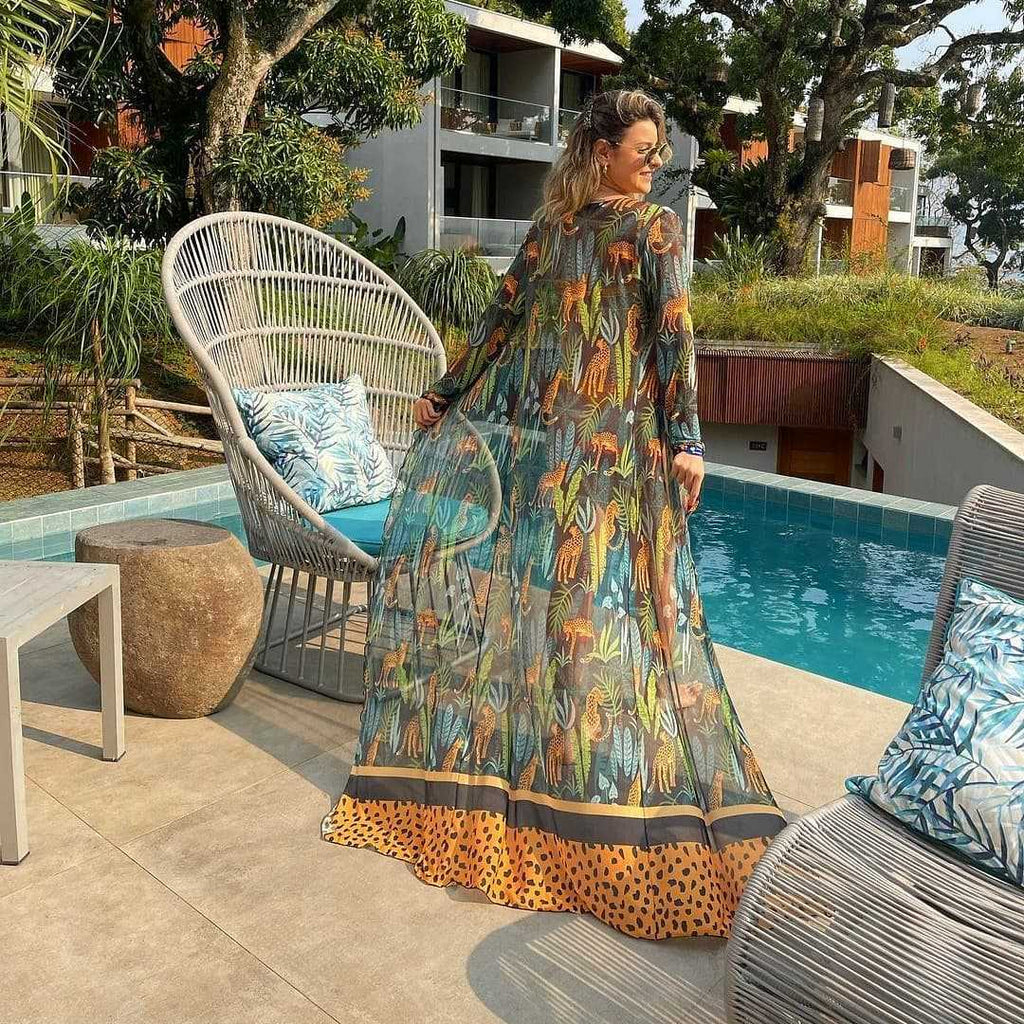 Stretch Mesh Long Sleeve Beach Cover Up Leopard Print Veils Beach Swimsuit Cardigan Long