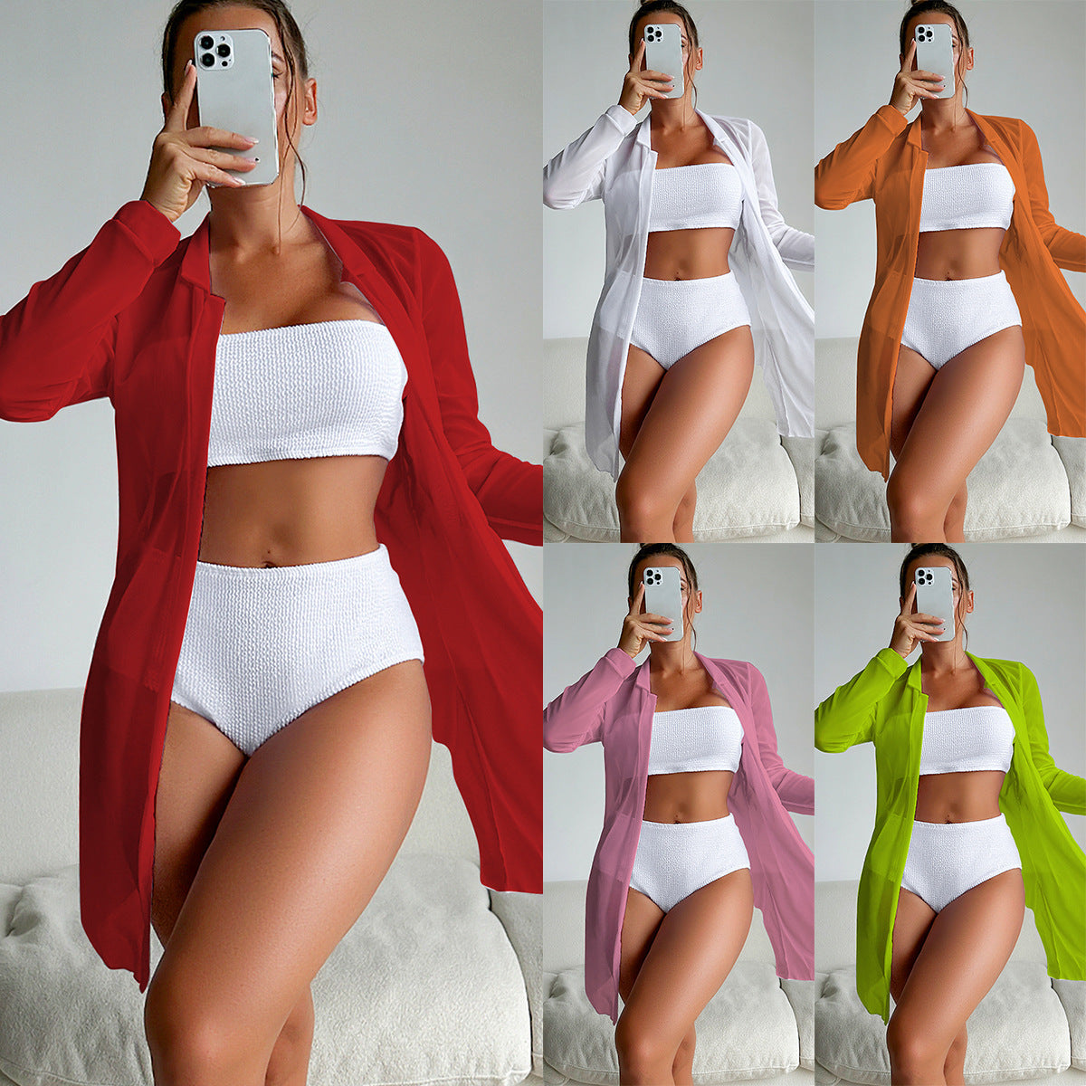 Swimsuit Women's Split High Waist Solid Color Bikini Internet Celebrity Blouse Long Sleeve Swimsuit