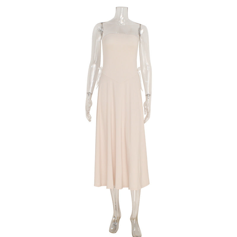 Women Clothing Graceful Tube Top Backless Waist Trimming A line Solid Color Light Luxury Slim Dress Women