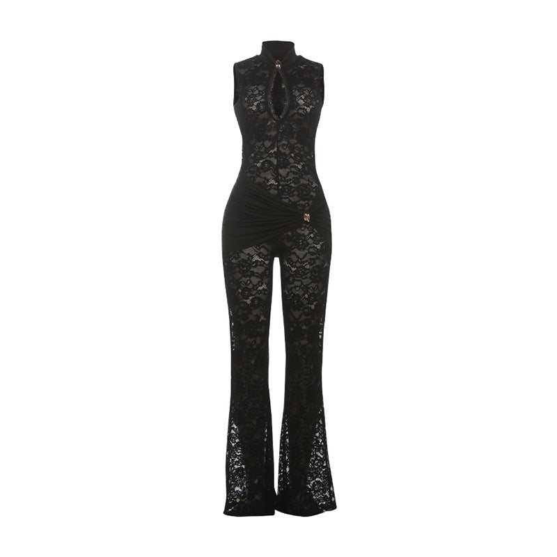 Autumn Winter Women Lace Stitching Sleeveless Sexy High Waist Slim Fit Micro Pull Jumpsuit