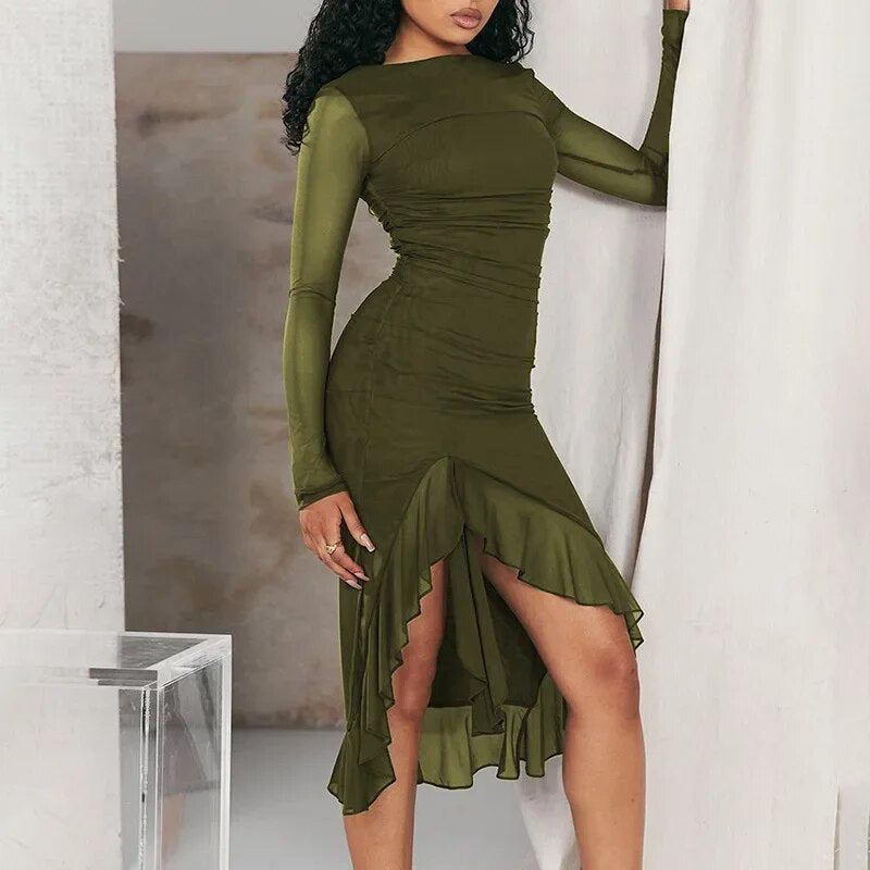 Women Clothing Summer Mesh Long Sleeve Backless Slit Ruffled Dress