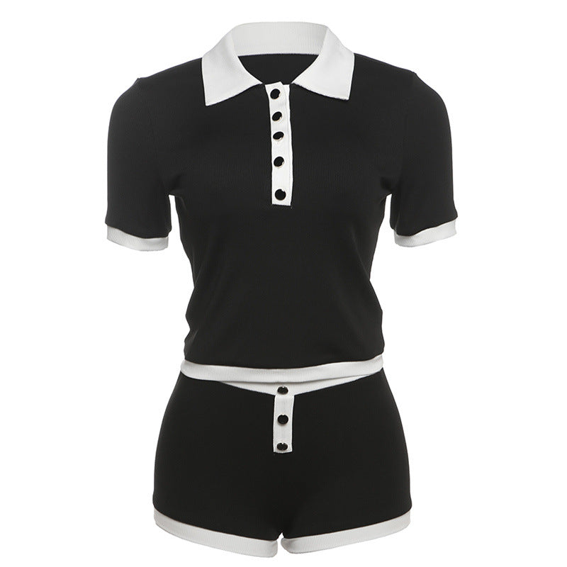 Summer Women Sweet Spicy Sexy Short Sleeve Polo Collar Top Hip Shorts Set Women