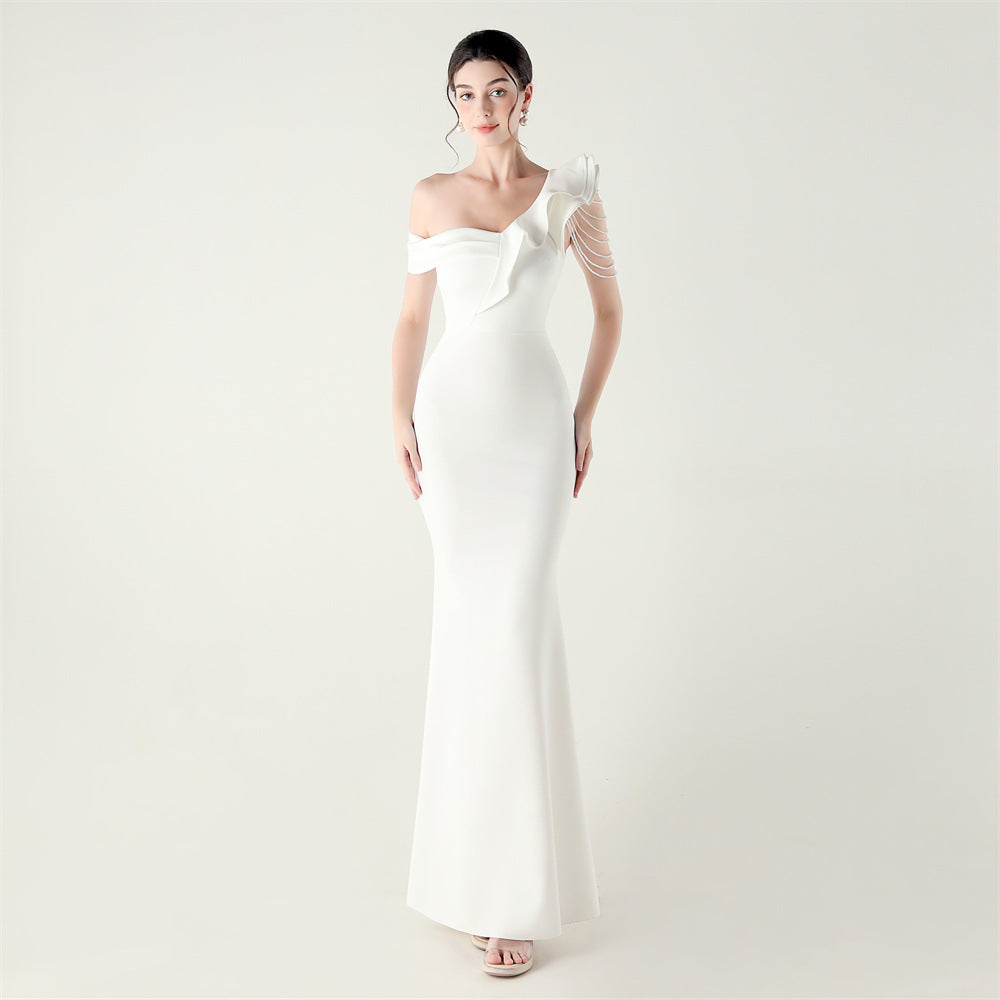 Ruffled One Shoulder Heavy Industry Beads String Slim Fit Satin Fishtail Evening Dress Wedding Red Carpet Cocktail Dress