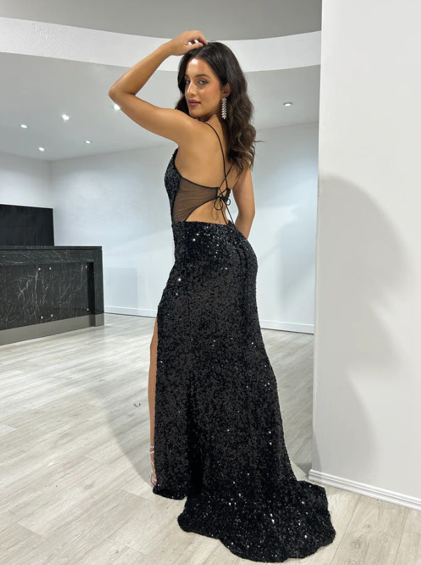 Sequined Split Sexy Sling Dress Waist Controlled Cocktail Dress Slim Fit Maxi Dress