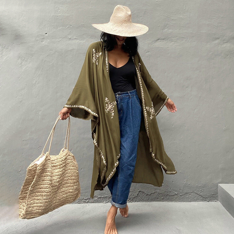 Rayon Embroidered Loose Long Cardigan Beach Sun Protection Coat Beach Cover Up Swimsuit Outwear Women