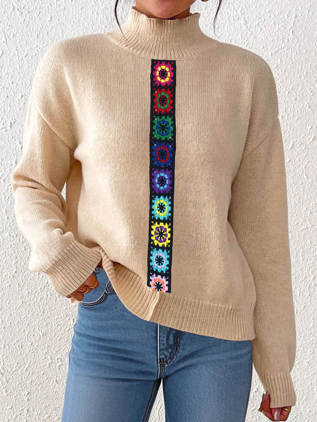 Women Clothing Personality Color Random Imitation Hand Crocheted Stitching Woven Top Pullover Sweater