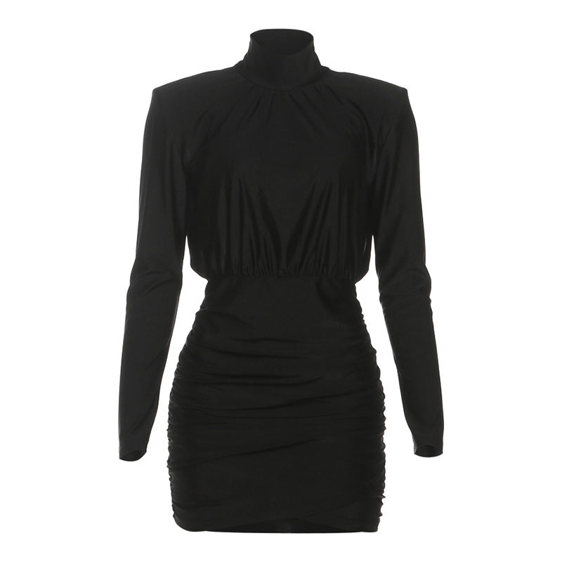 Fall Sexy Slim Fit Turtleneck Long Sleeve Narrow Short Solid Color Dress