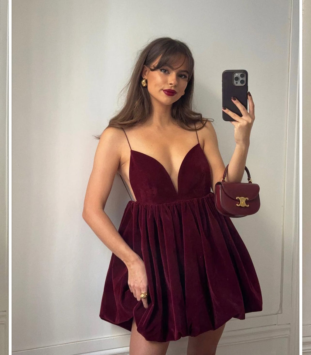 Spring Summer Elegant Velvet Sexy Suspenders Deep V Plunge High Waist Lantern Dress