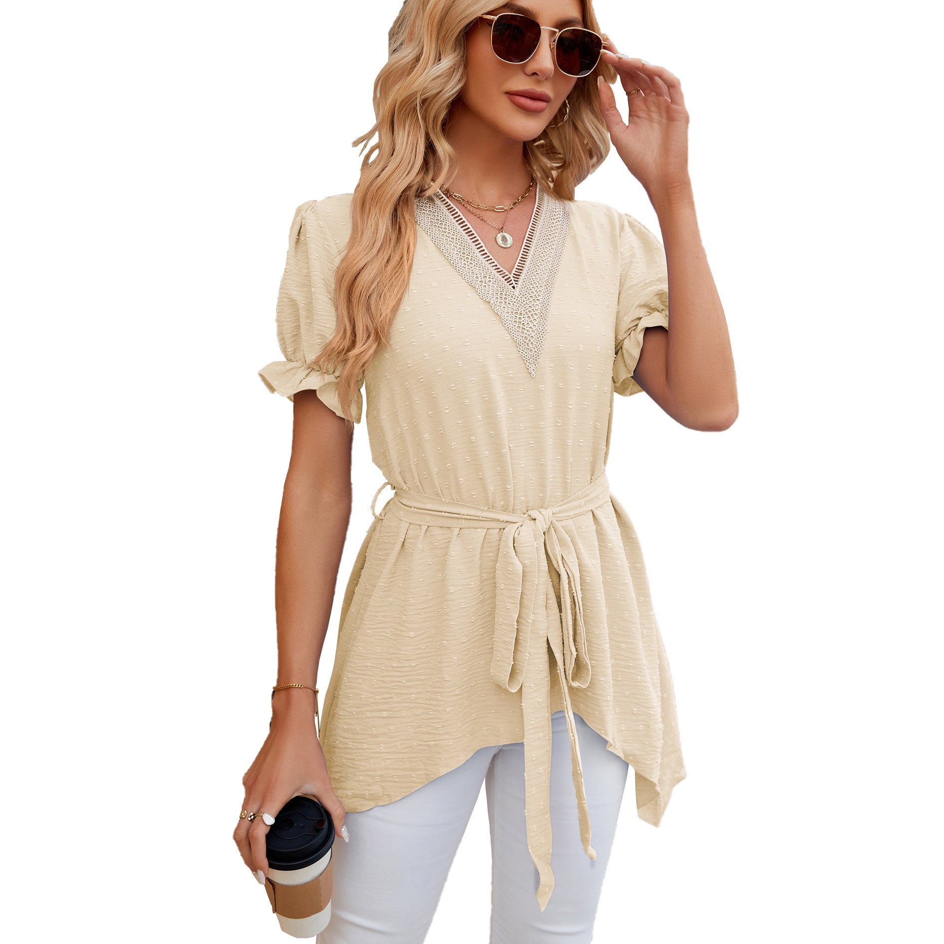 Spring Summer Solid Color V-neck Lace Stitching Loose Short Sleeve Dress