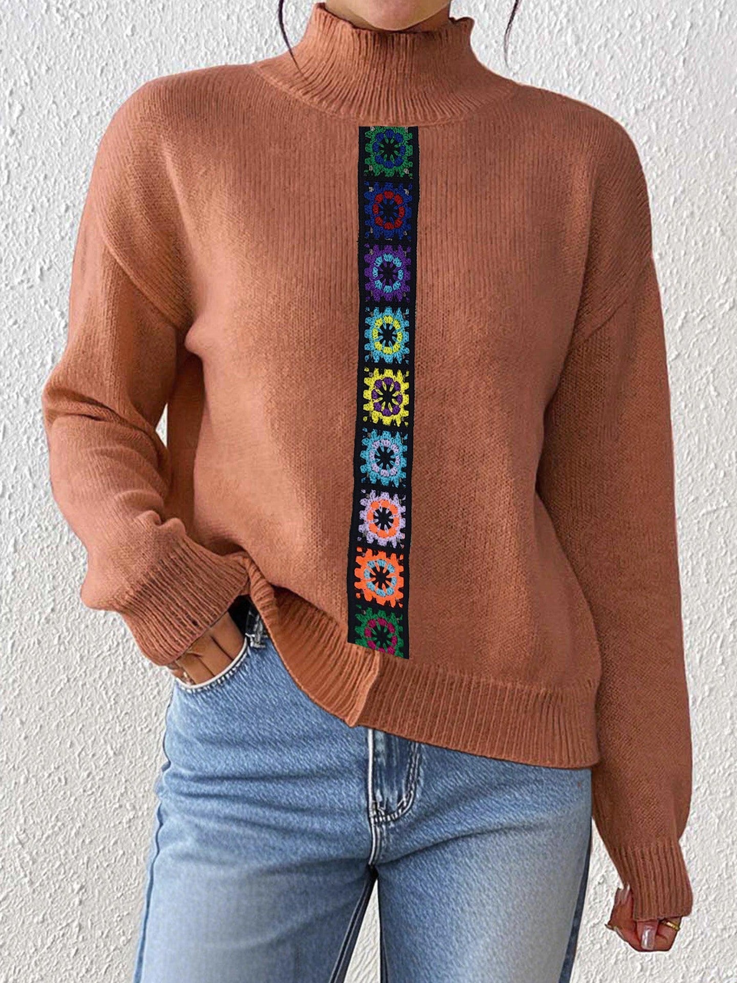 Women Clothing Personality Color Random Imitation Hand Crocheted Stitching Woven Top Pullover Sweater