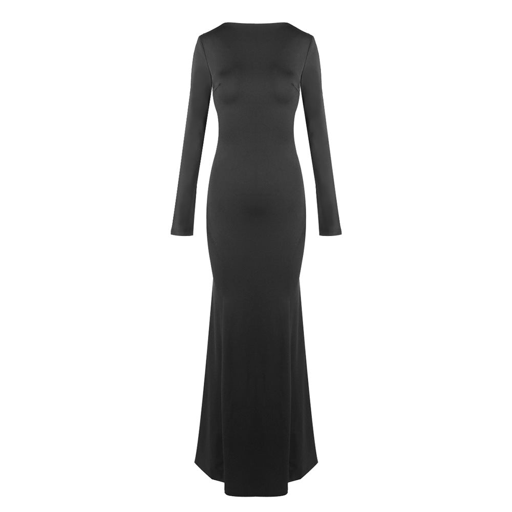 Women Clothing Summer Sexy Long Sleeve Backless Lace Hip Elastic Metal Decoration Dress