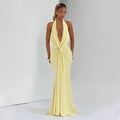 Autumn Winter Women Solid Color Deep V Plunge neck Halter Ribbon Pleated Sexy Backless Elegant Dress for Women