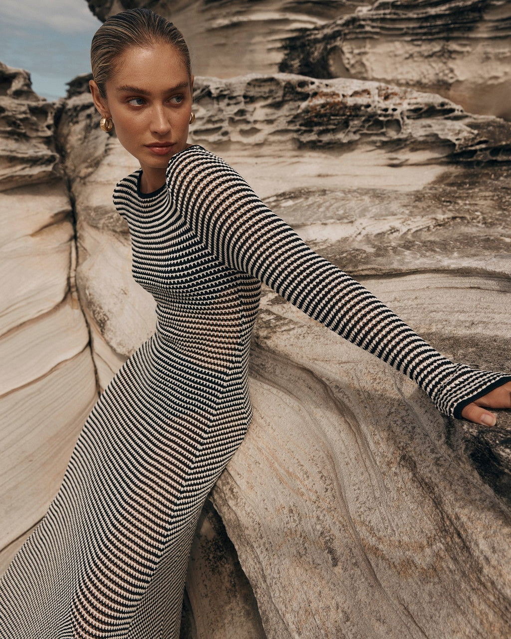 Mesh Striped Beach Vacation Sexy Dress Knitted Hollow Out Cutout Out Maxi Dress Blouse Summer