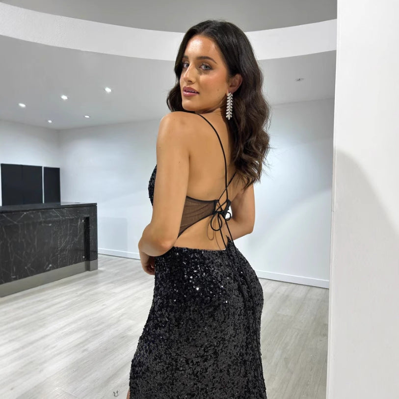 Sequined Split Sexy Sling Dress Waist Controlled Cocktail Dress Slim Fit Maxi Dress