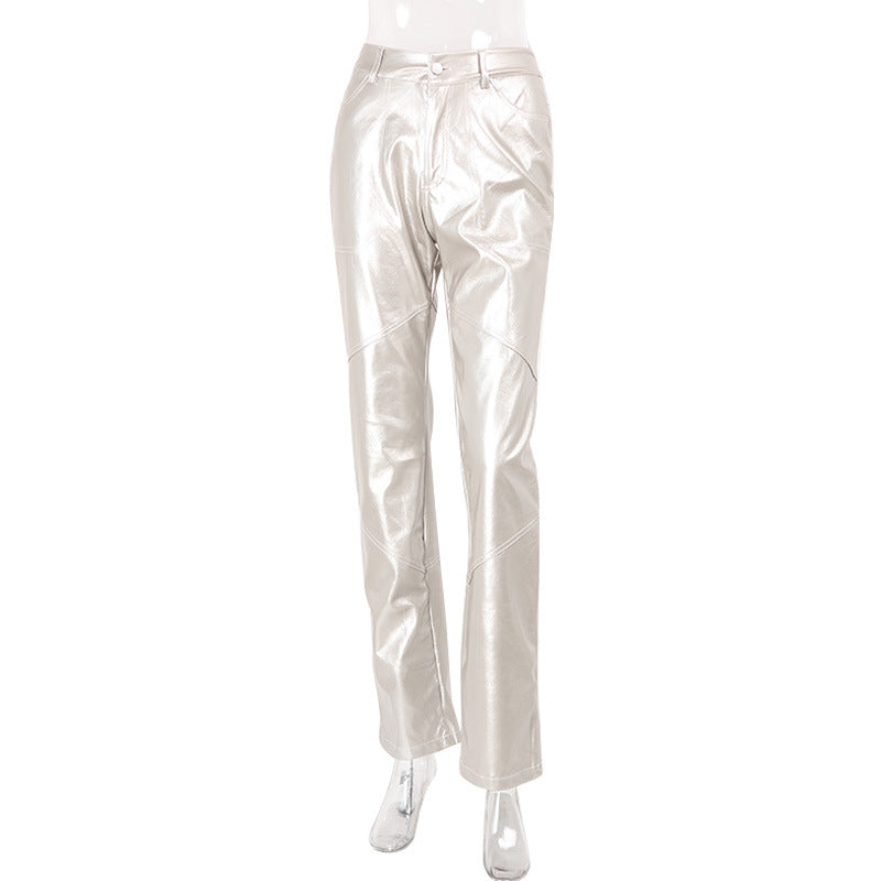 Women Clothing Street All Match Silver Straight Cropped Pants Trousers Loose Casual