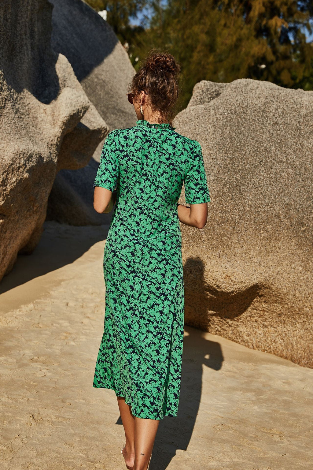 Summer Women Clothing Slimming Sheath Slit Slim-Fitting Floral Short Sleeve Vacation Large Swing Dress