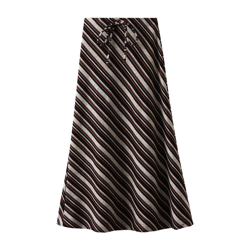 Retro Striped Skirt for Women Autumn High Waist Drape Long Skirt Sheath Fishtail Skirt