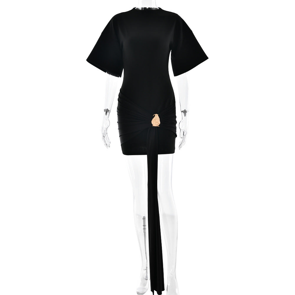 Solid Color round Neck Hip Dress Sexy Waist Trimming Half Sleeve Ribbon Pleated Dress