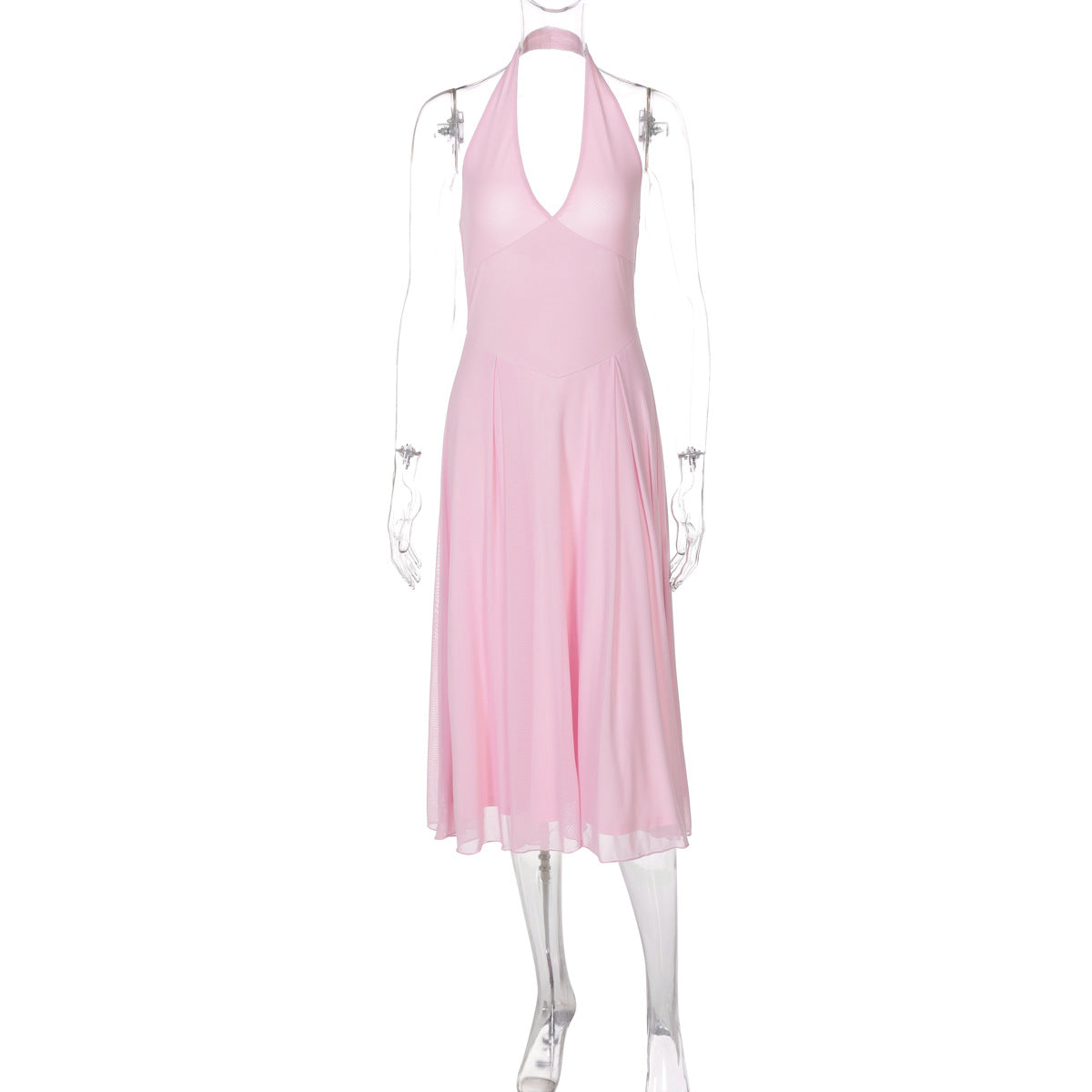 Women Clothing Summer Solid Color Halter Backless Gauzy Stitching Dress