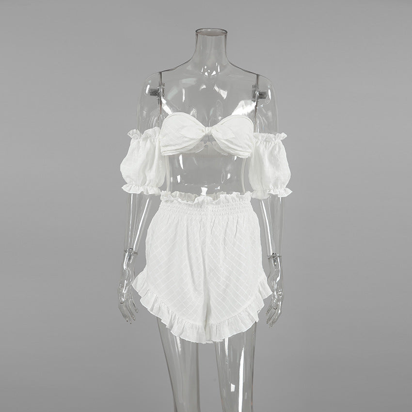 Sexy Summer Pajamas Plaid Retro off Shoulder Ruffled Shorts Two Piece Thin Ladies Homewear