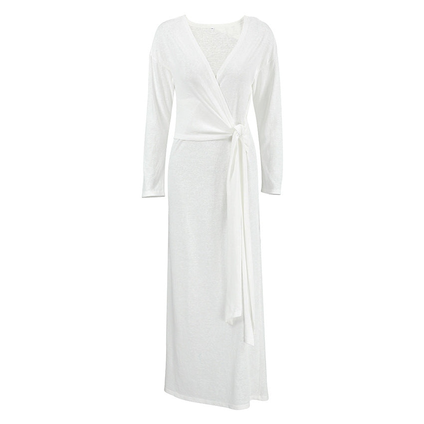 Autumn Comfort Loose Knitted Nightgown Breathable Long Sleeves Lace up Soft Outerwear Homewear