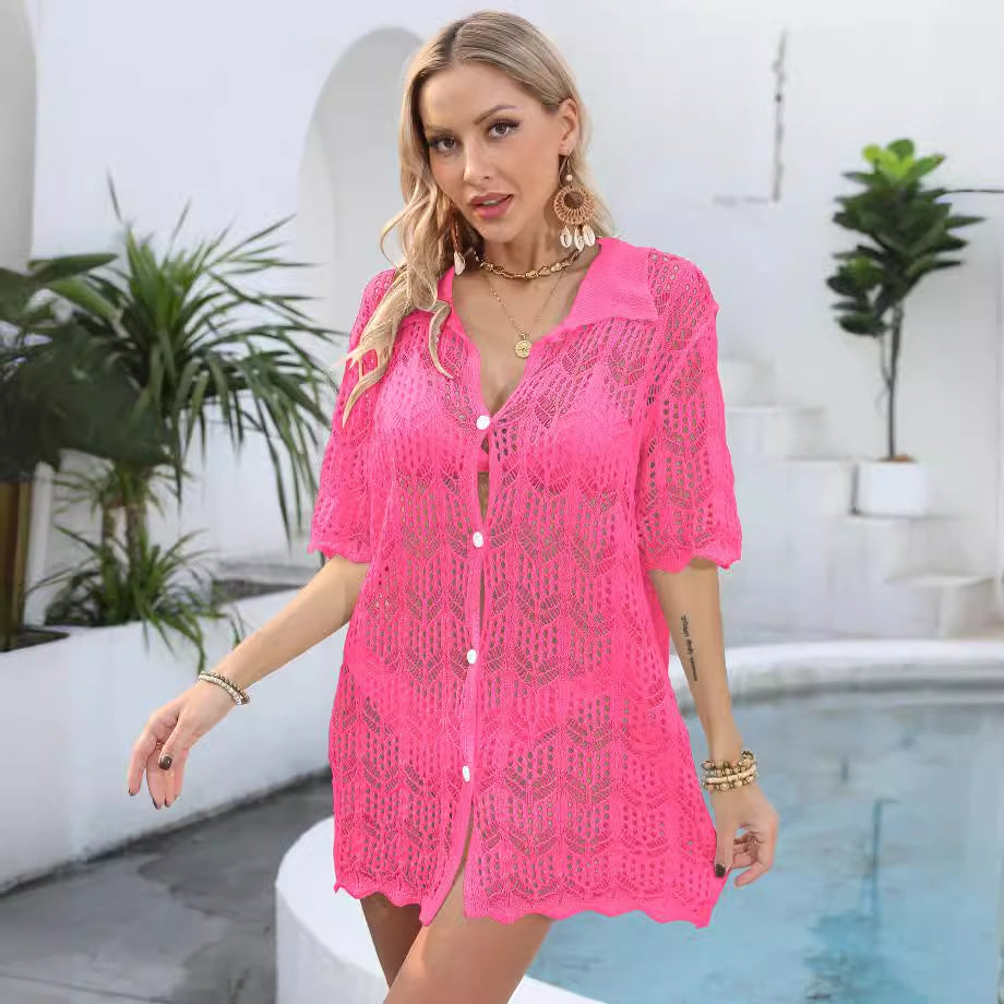Women Beach Vacation Sun Protection Shirt Hollow Out Cutout Woven Shirt Polo Collar Coat Beach Cover Up