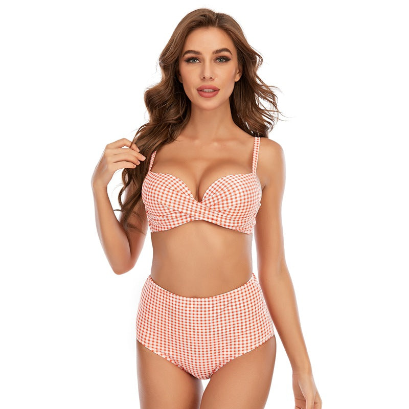 Women Bikini Multicolor Plaid Push Up Split Swimsuit Beach Vacation Swimsuit