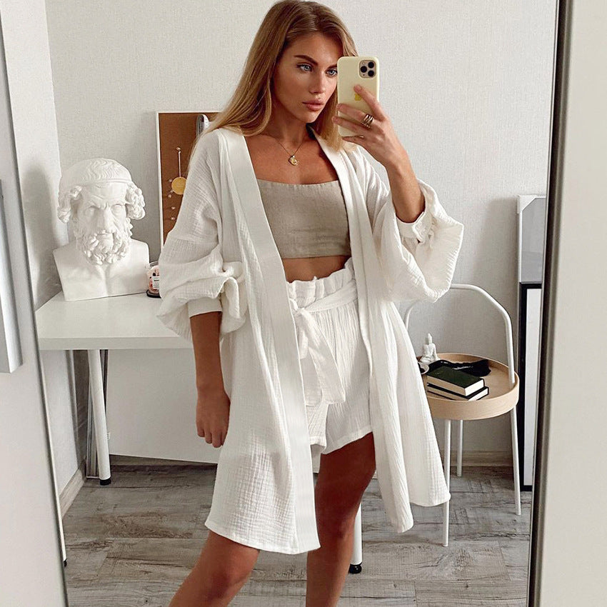 Fall Pure Cotton Long Sleeve Nightgown Shorts Two Piece Sets Pajamas Soft Outerwear Homewear Women