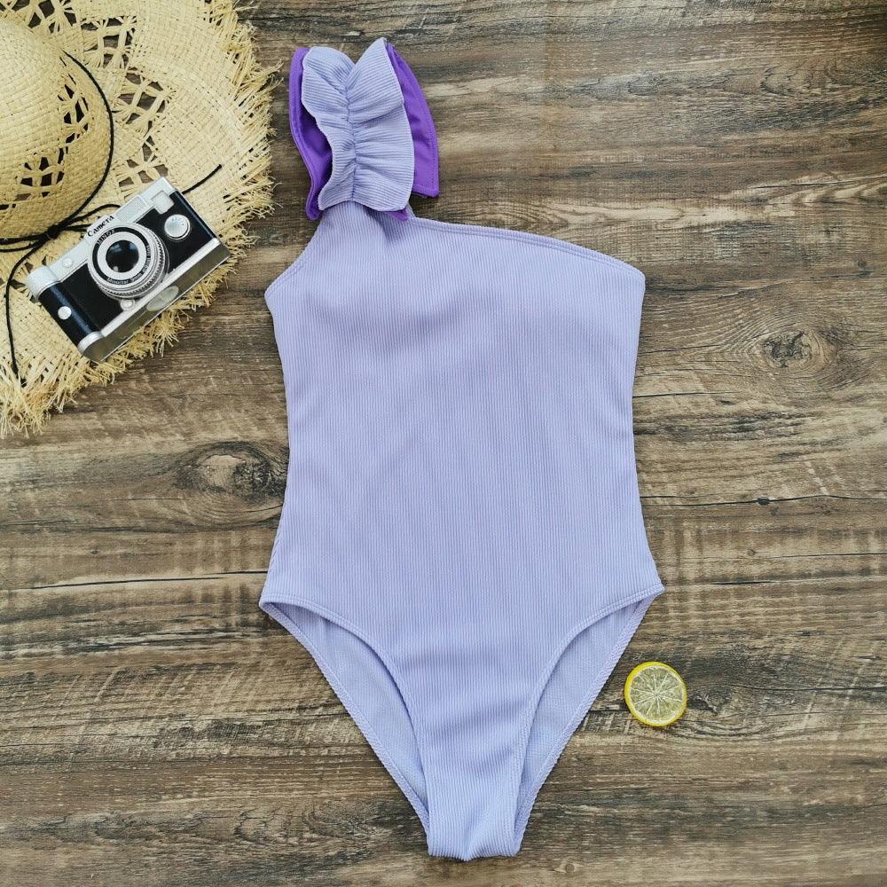 Solid Color Single Shoulder Suspender Tube Top One Piece Swimsuit Women Three Piece Set Sunken Stripe Swimsuit