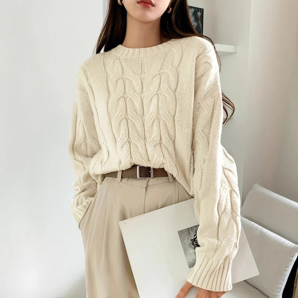 Autumn Winter Women Cable Knit Pullover Sweater Loose round Neck Solid Color All Matching Trendy Knitwear Top