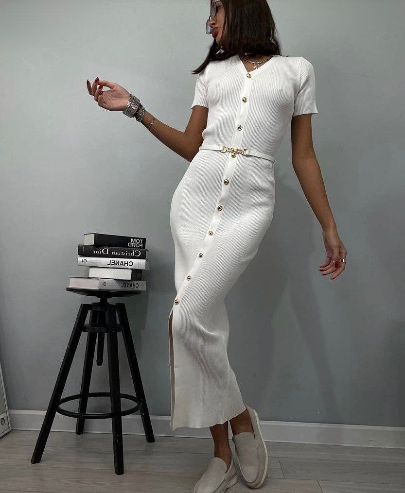 V neck Multi Breasted Dress Knitted Solid Color Slim Fit Short Sleeve Elegant Retro Long Knitted Hip Dress Women