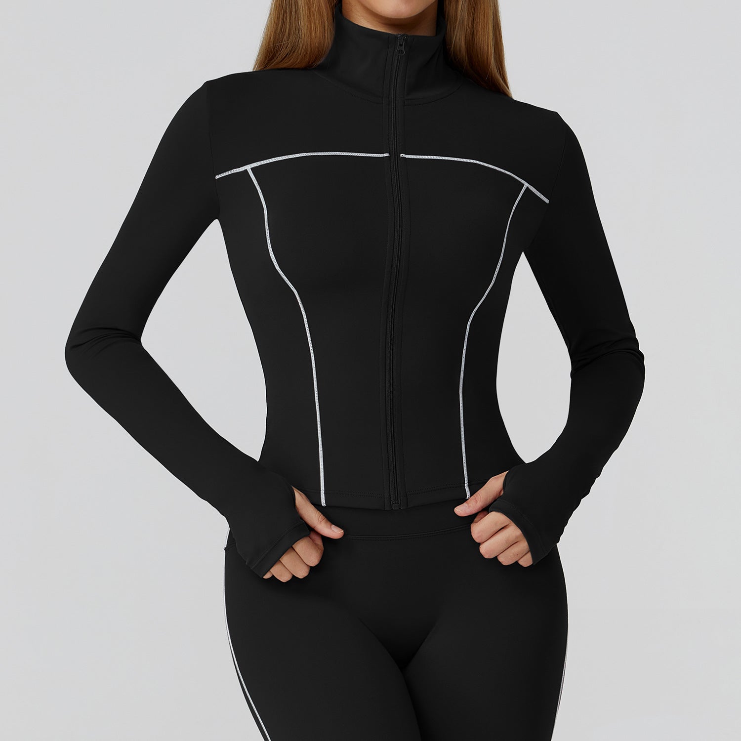 Contrast Color Brushed Yoga Coat Zipper Windproof Slim Jacket Outdoor Sports Running Fitness Clothes Women